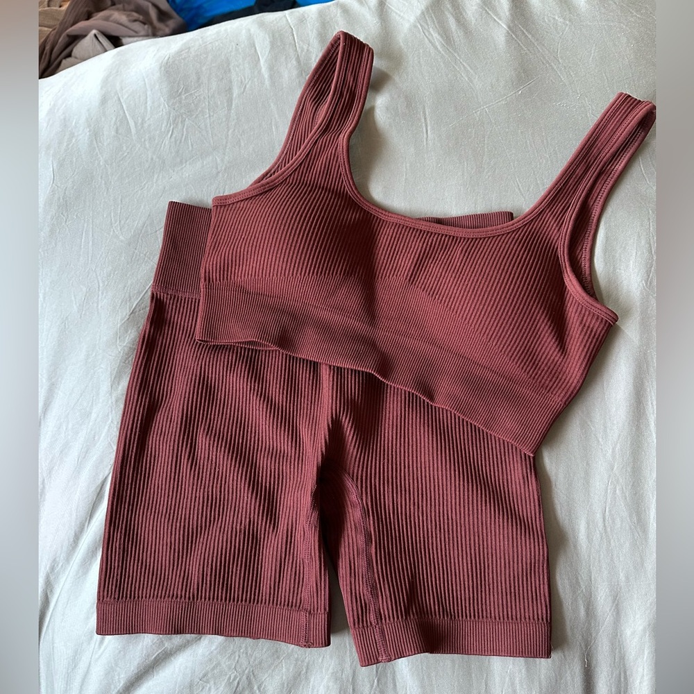 Ribbed Burgundy Sports Bra and Shorts Set